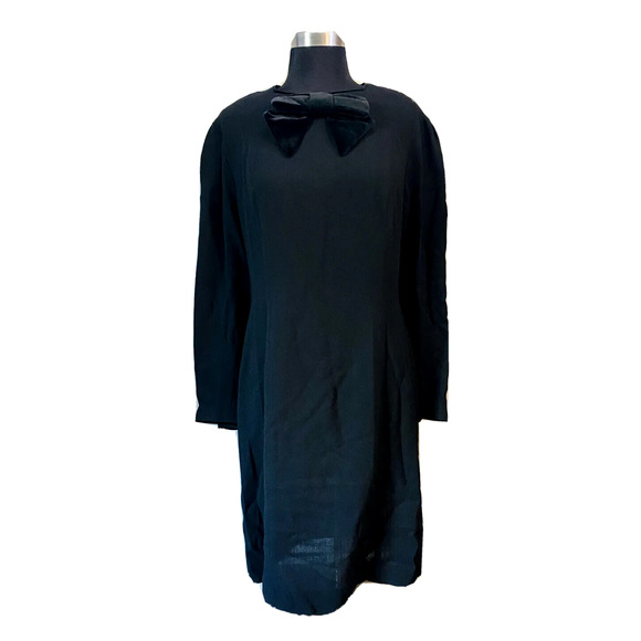 Vintage Laura Ashley Black Wool Dress & Velour Bow Size 12 Goth Wednesday Addams - Picture 1 of 8